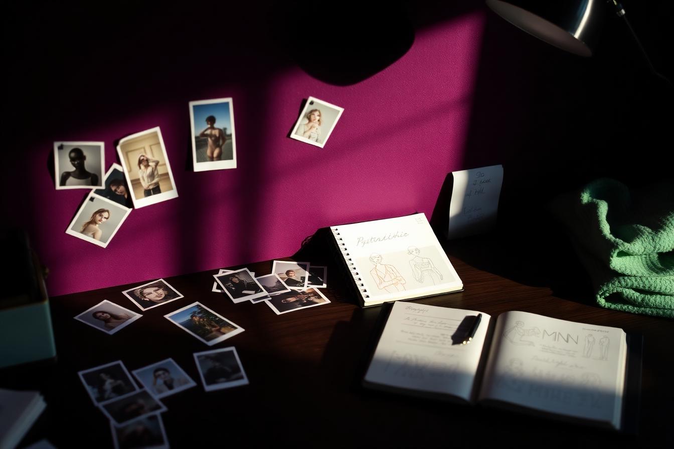 Art directors arbetsyta med moodboards, polaroids och skisser