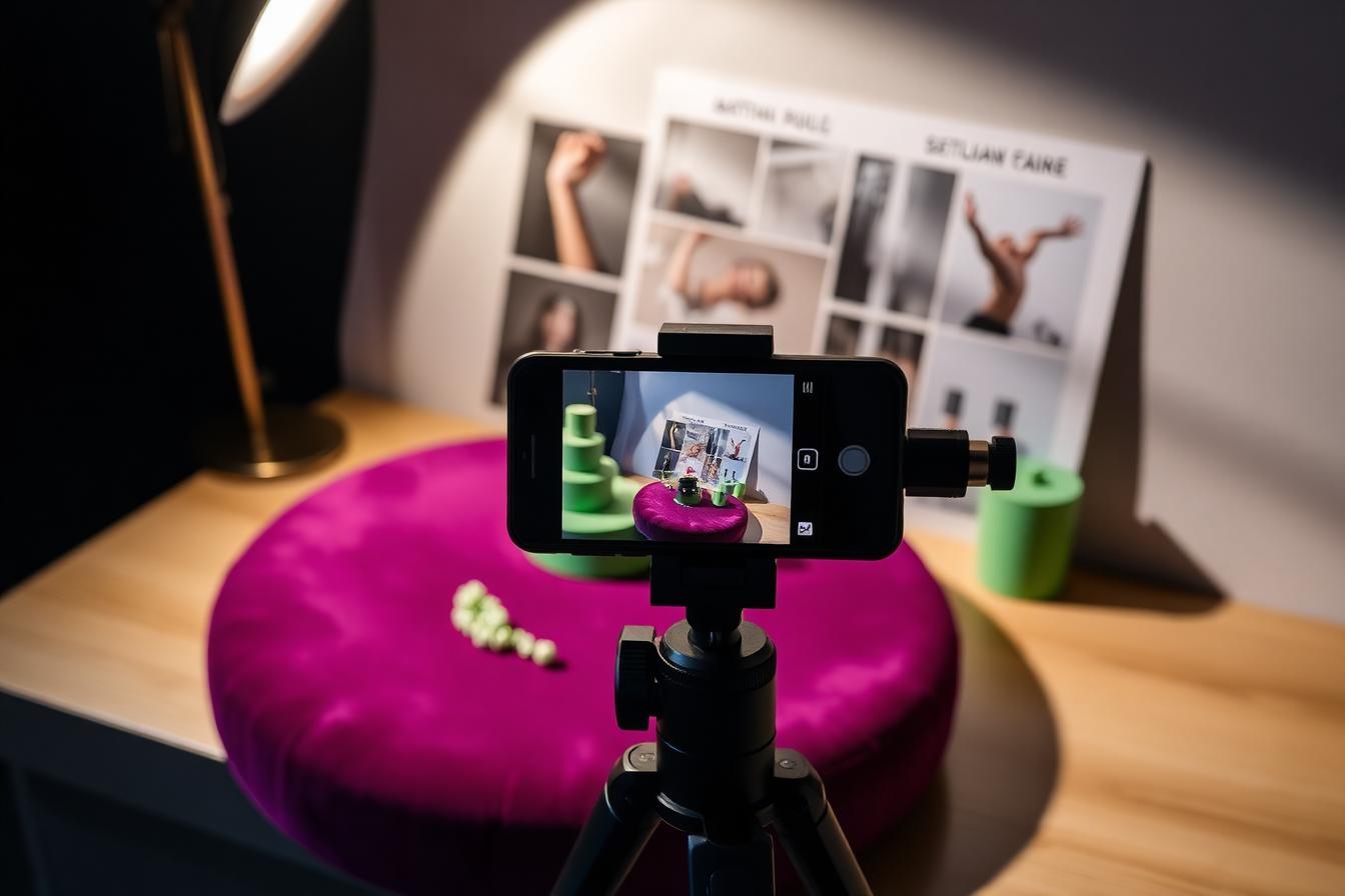 Smartphone på stativ filmar ett stylat produktstilleben